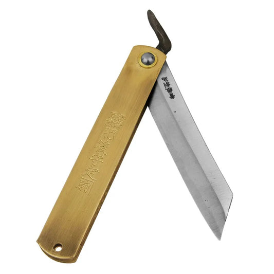 (特大)日本肥後守定駒 黃銅柄 青紙割込 特選竹虎 桐箱入 120mm