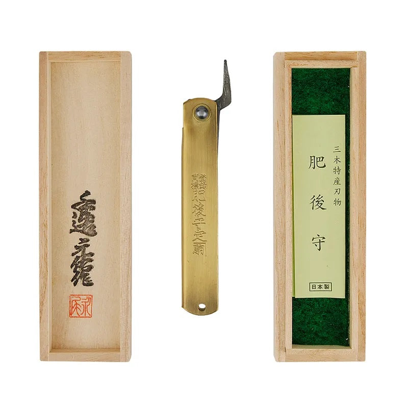 (特大)日本肥後守定駒 黃銅柄 青紙割込 特選竹虎 桐箱入 120mm