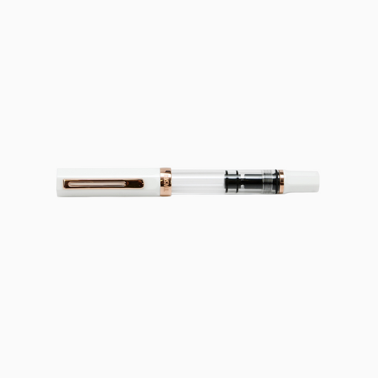 TWSBI 三文堂 ECO 白色 & 玫瑰金 鋼筆 官方商品照,活塞上墨、透明示範筆身