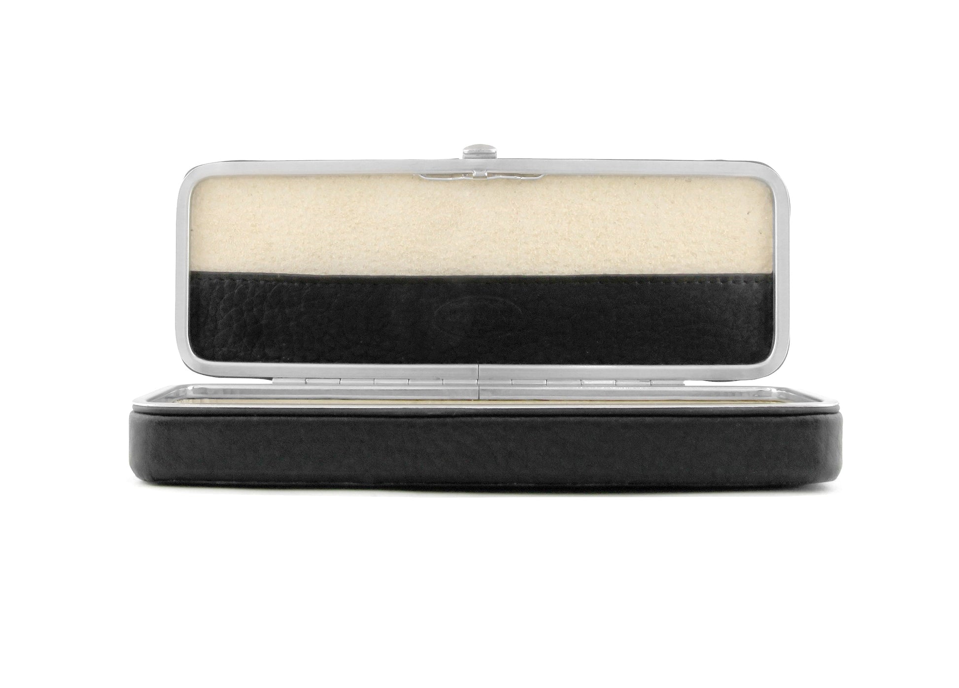 Front view of the open F. Hammann 3883 Framed Pen Case in black Chervo, featuring the adaptive interior bridge and integrated lid compartment.