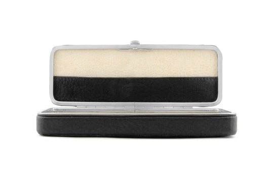Front view of the open F. Hammann 3883 Framed Pen Case in black Chervo, featuring the adaptive interior bridge and integrated lid compartment.