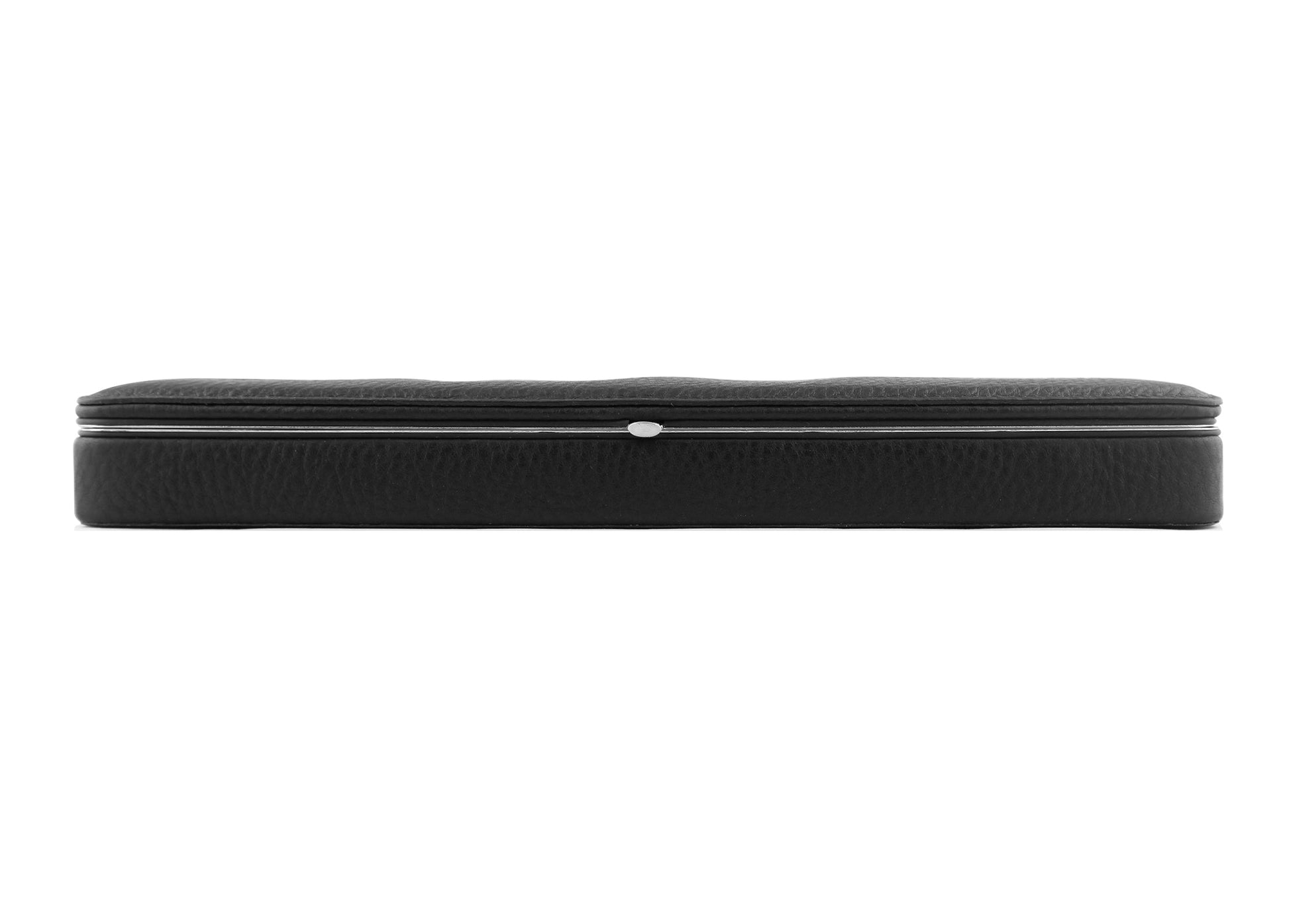 Sleek front profile of the closed F. Hammann 3976 black leather desk case with a polished silver metal frame and snap.