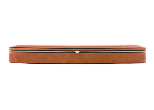 Front-on view of the closed F. Hammann 3976 Ruler Box in smooth Coxorange leather, emphasizing its sleek architectural silhouette.