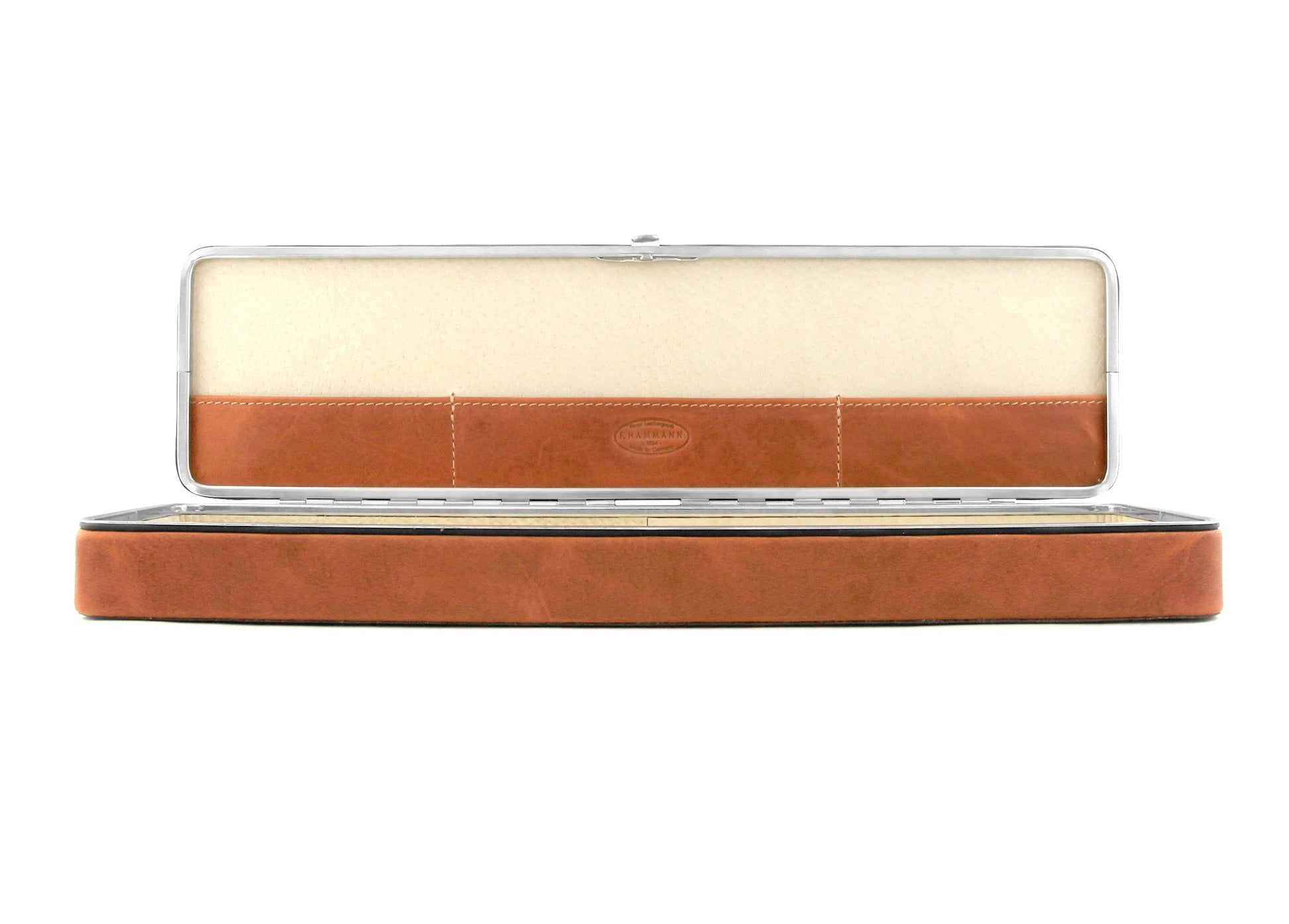 Front perspective of the fully open F. Hammann 3976 Ruler Box, highlighting the spacious beige suede-lined base.
