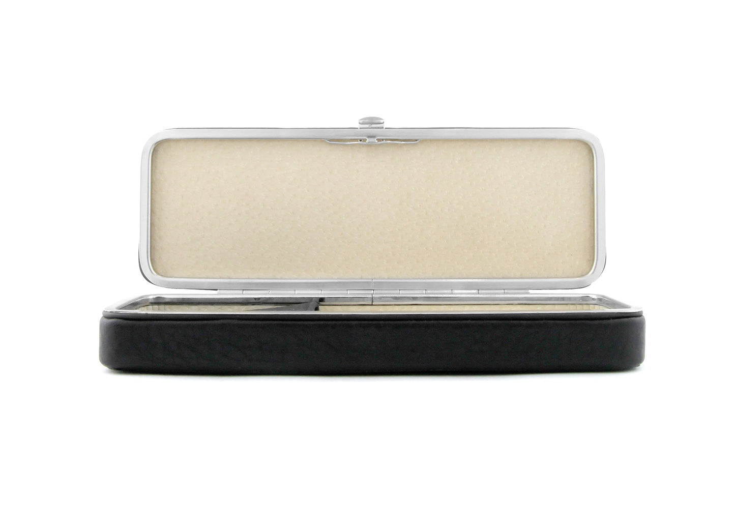 Front view of the open F. Hammann 3983 Framed Leather 3-Pen Case in black Chervo, showing the protective cream leather lining and metal clasp.