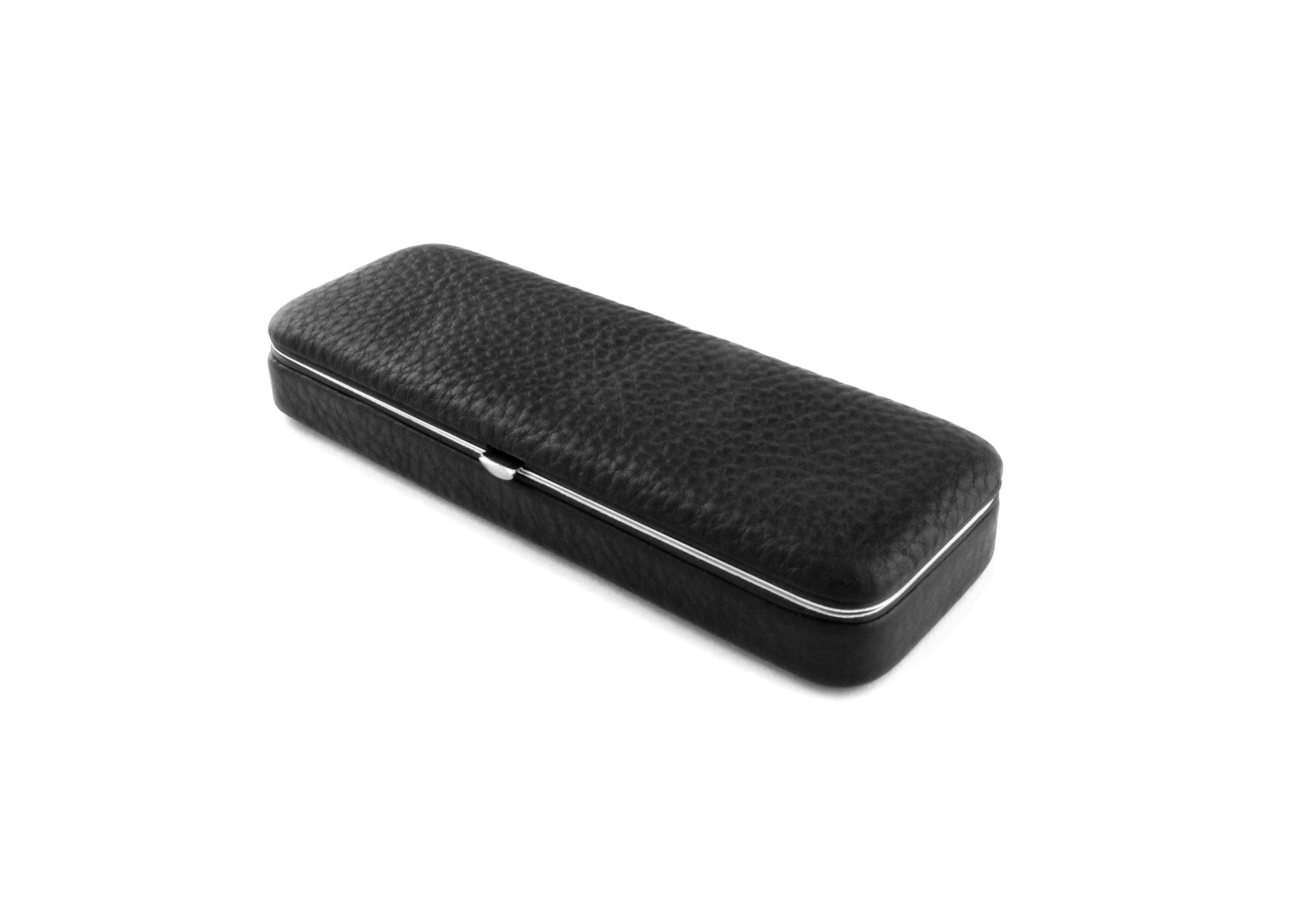 Angled view of the F. Hammann 3983 Framed 3-Pen Case in black Chervo calfskin, showcasing the premium pebbled leather and zipperless metal frame.