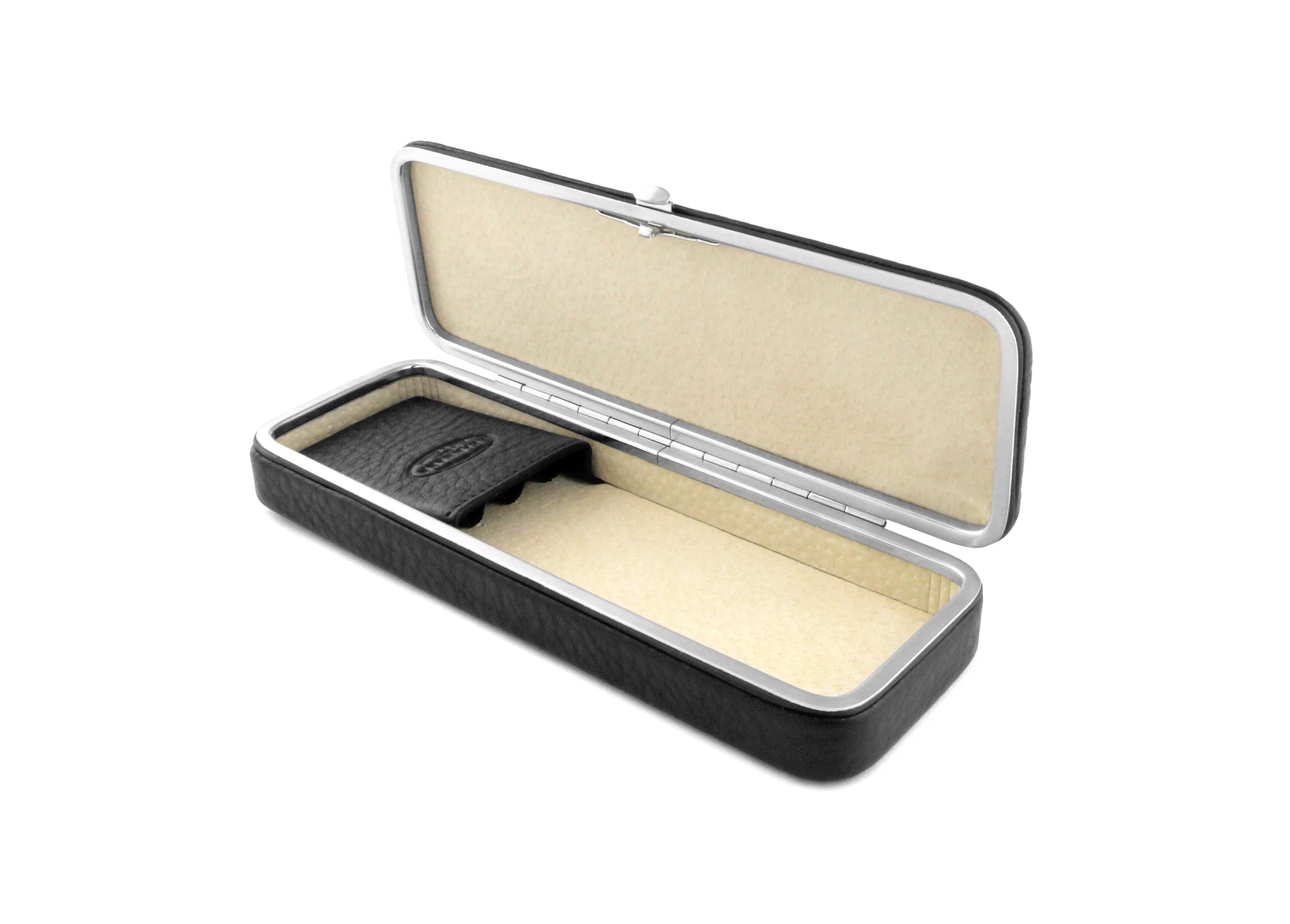 Open F. Hammann 3983 leather pen case revealing the crush-resistant metal frame and the internal black leather bridge designed to hold three pens.