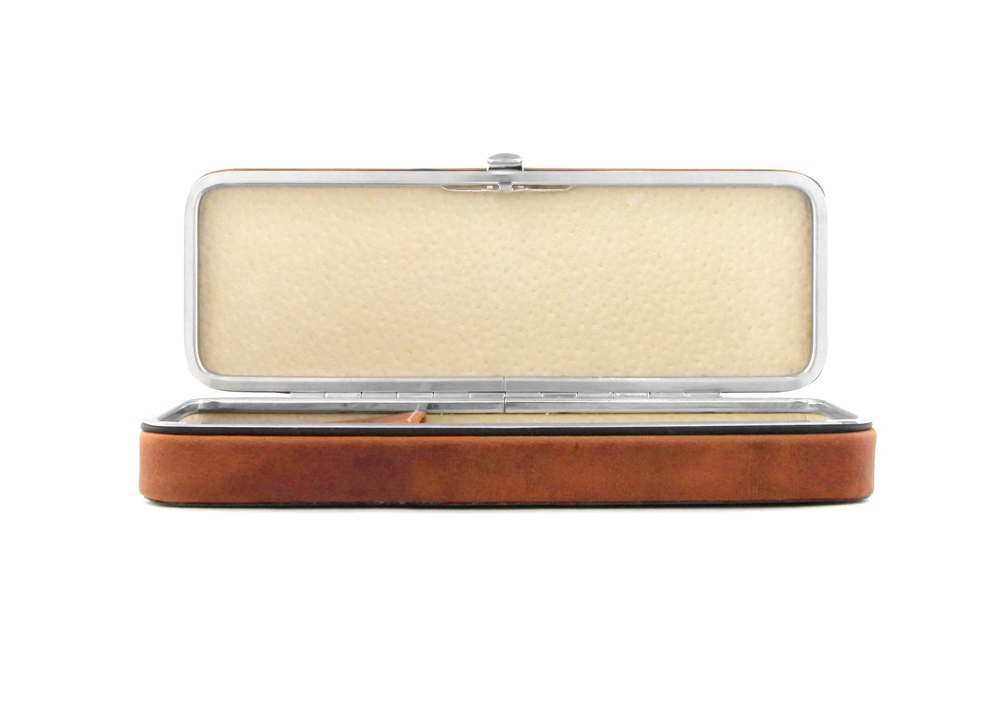Front view of the open F. Hammann 3983 Framed 3-Pen Case in Coxorange Alpina leather, showing the protective cream lining and high-precision metal frame.