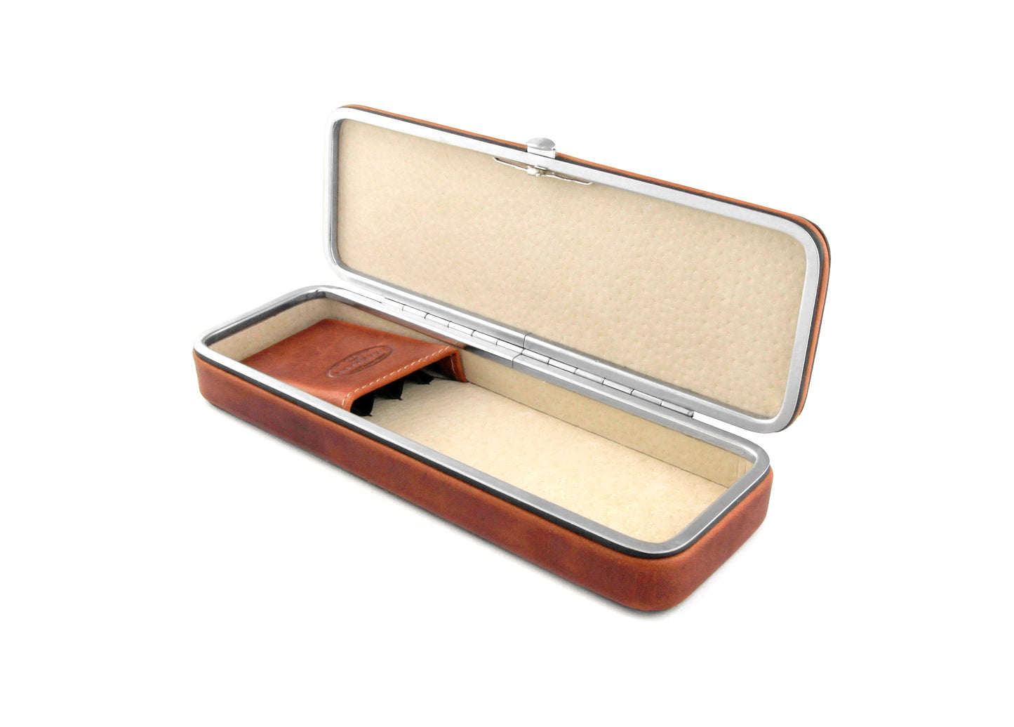 Open F. Hammann 3983 leather pen case revealing the crush-resistant internal frame and the dedicated Coxorange leather bridge for three pens.