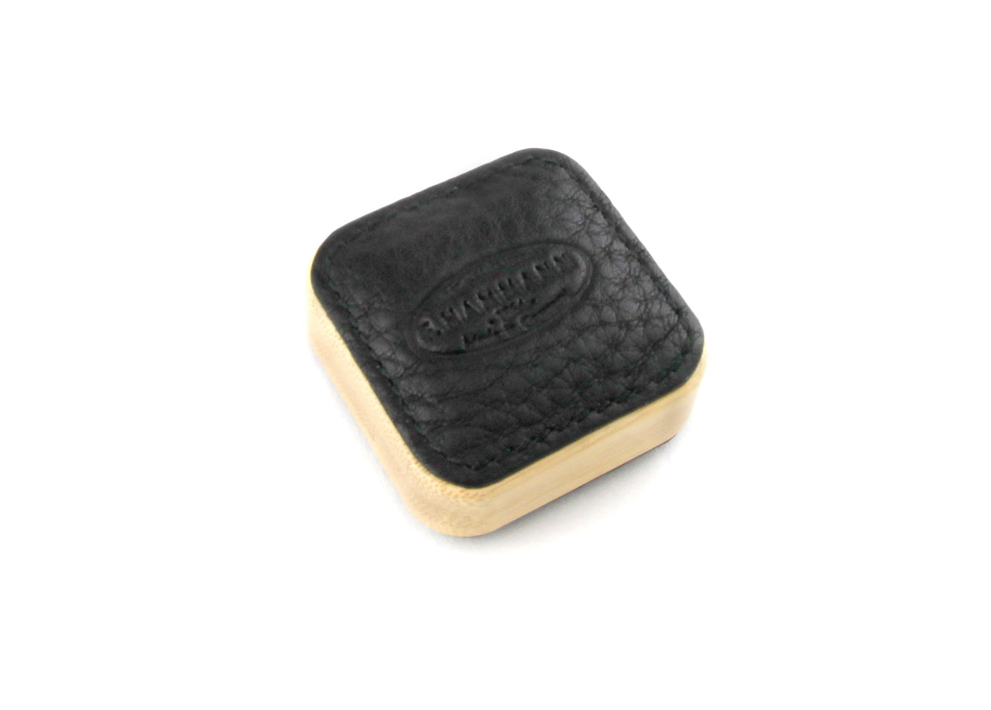 Close-up angled view of the F. Hammann 5205 Black Leather Tape Measure, detailing the embossed 1864 heritage logo.