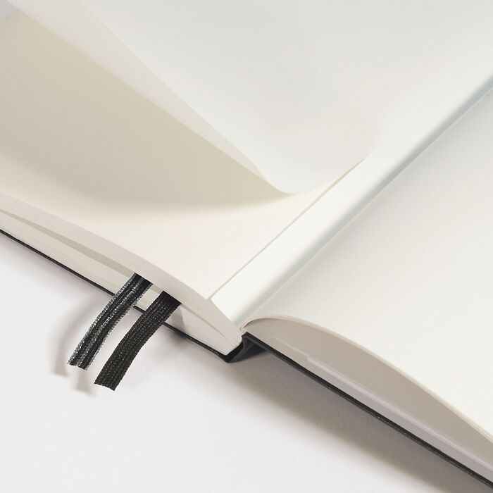 Leuchtturm1917 A5 硬殼筆記本攤開,可見兩條黑色書籤帶與後封內袋